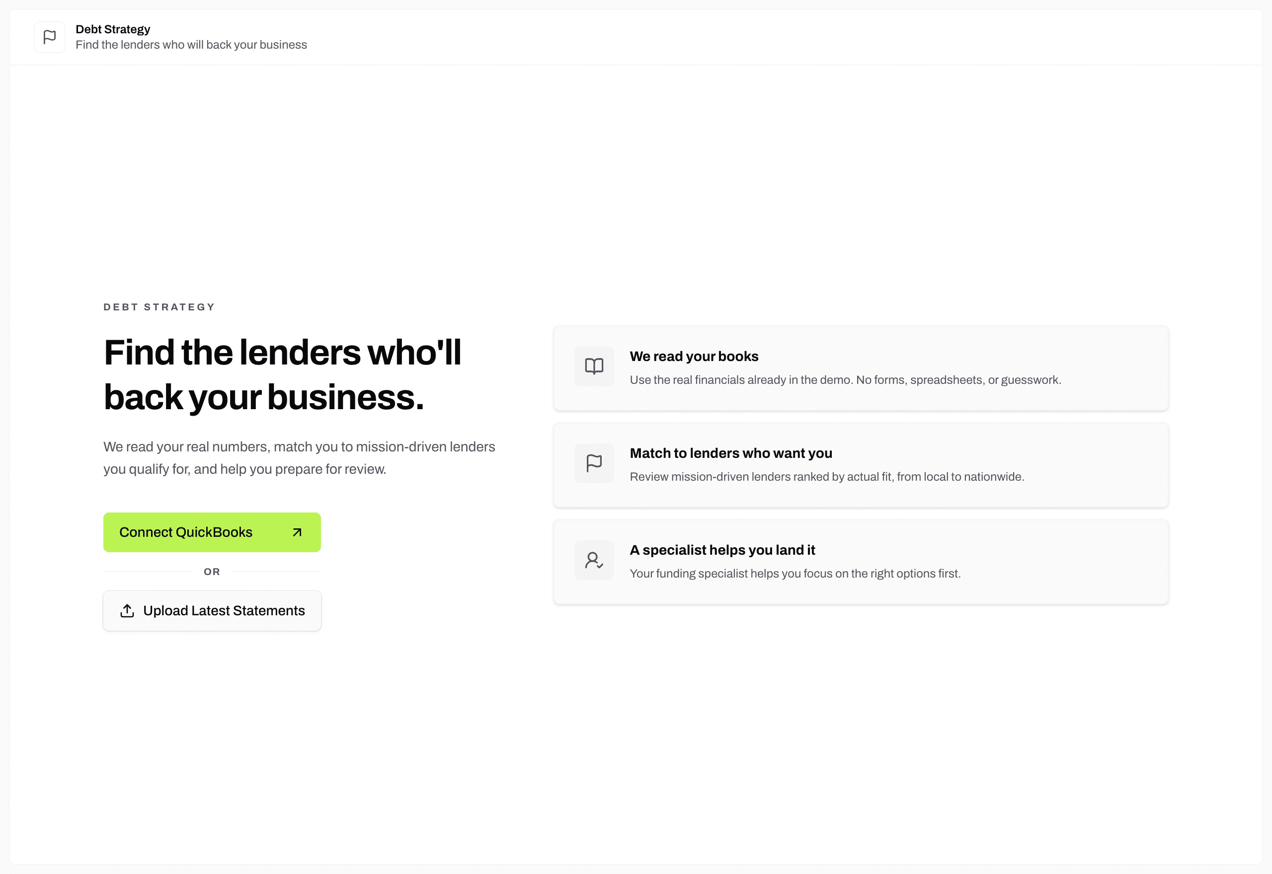 Debt Strategy page matching lenders to the business